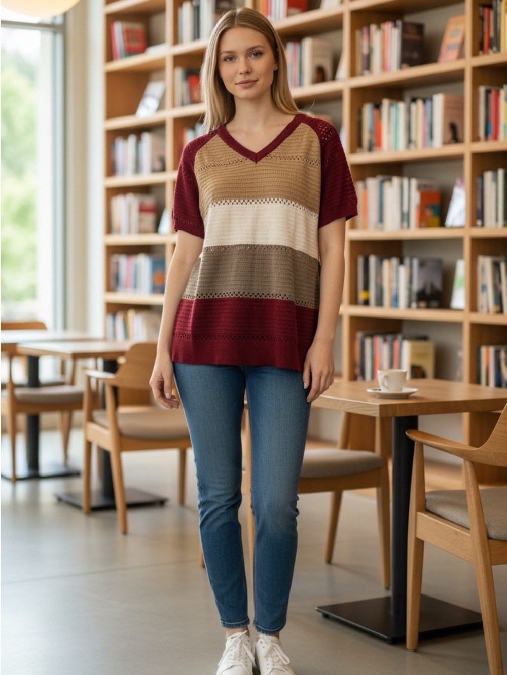 Striped V-Neck Short Sleeve Sweater - Burgundy/Beige/White